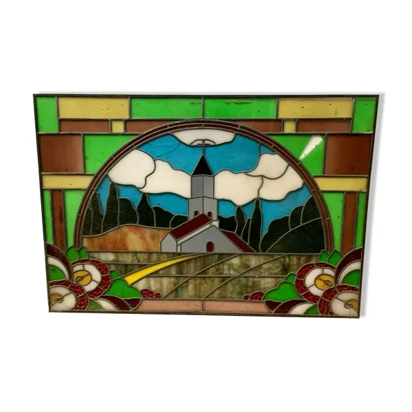 Vitrail Art Déco a décor d'un clocher d'église XX siècle