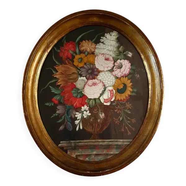 Tableau ancien vase médicis avec fleurs sur table en marbre école j fr