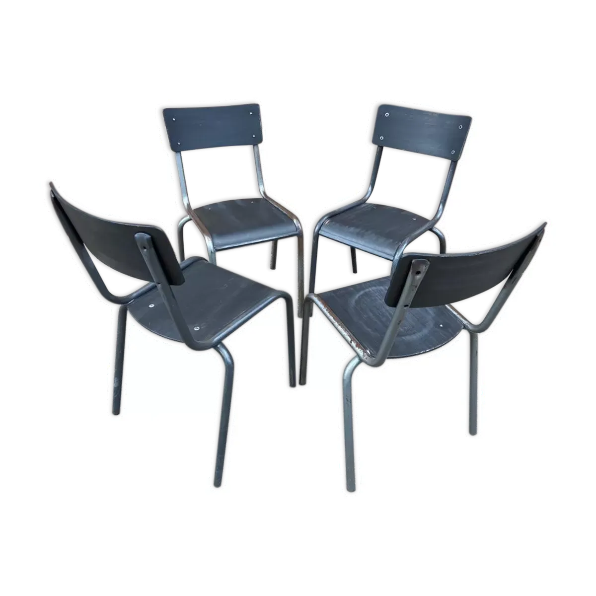 4 chaises industrielles d'école acier tubulaire et bois type mullca