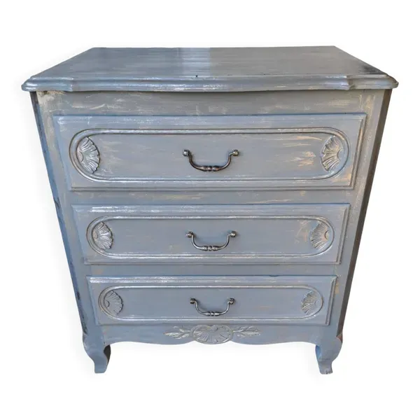 Commode en bois massif peinte gris et patiné argent  1940 à 3 tiroirs