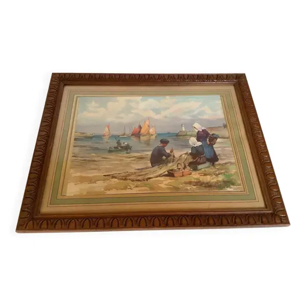 Grand tableau marine pêcheurs bateaux