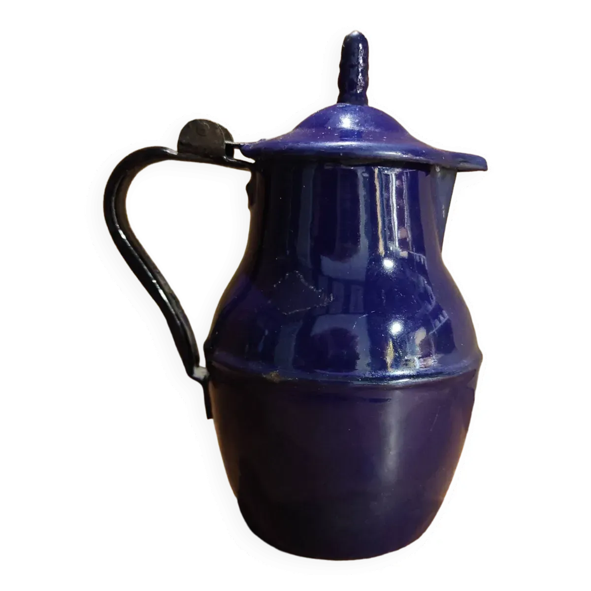 Petite cruche française vintage avec couvercle, en émail bleu