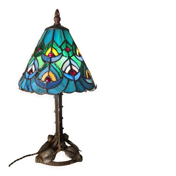 lampe pied  fer forgé ancienne ,1900 a 40 avec abat jour verre vitrail soud