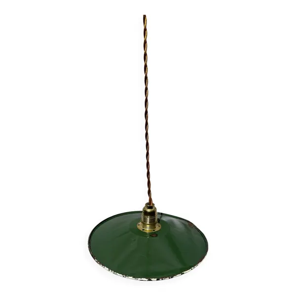 Suspension vintage indus tôle émaillée verte et blanche mini