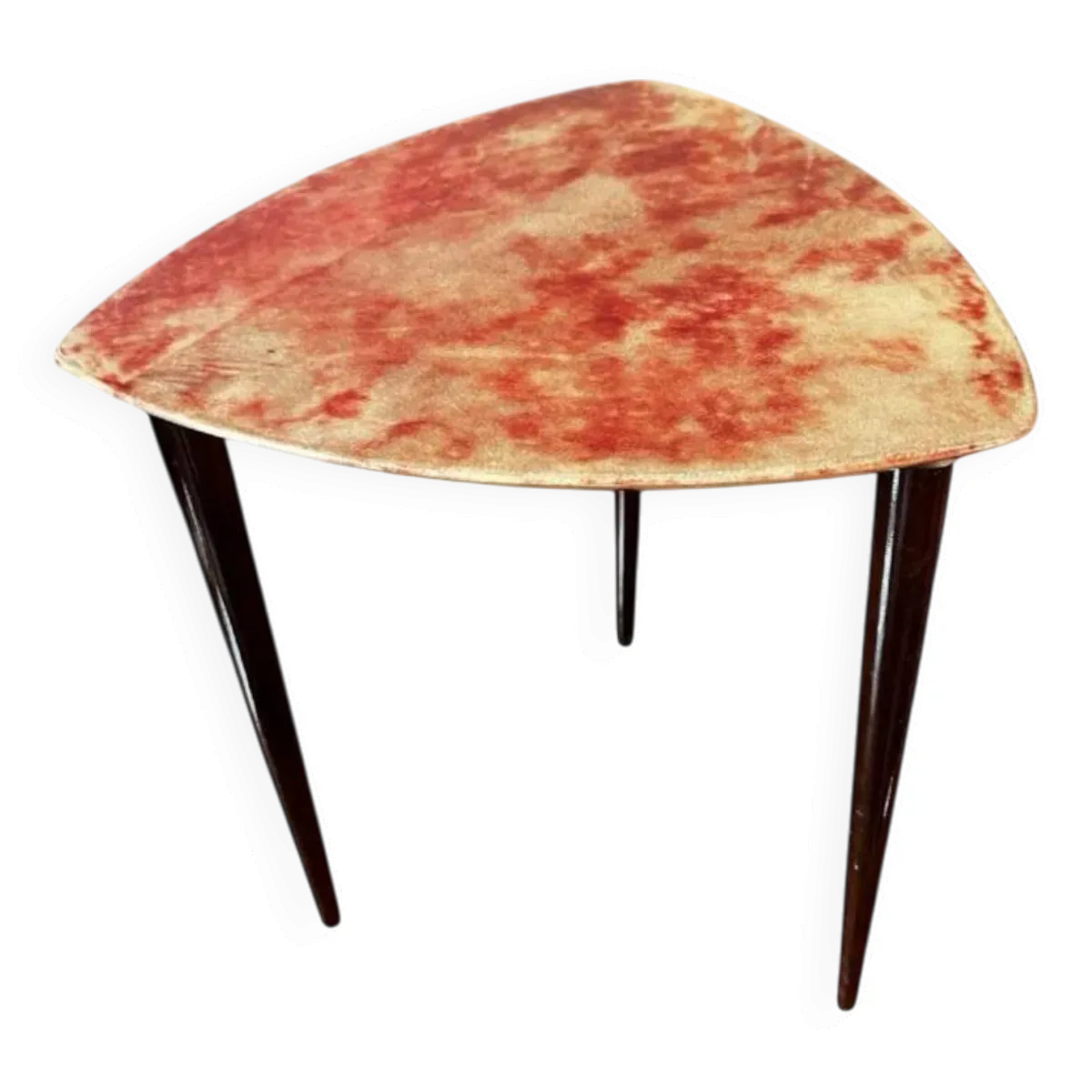 Table basse d'appoint aldo tura en parchemin peau de chèvre teintée rouge laqué, italie ca 1950
