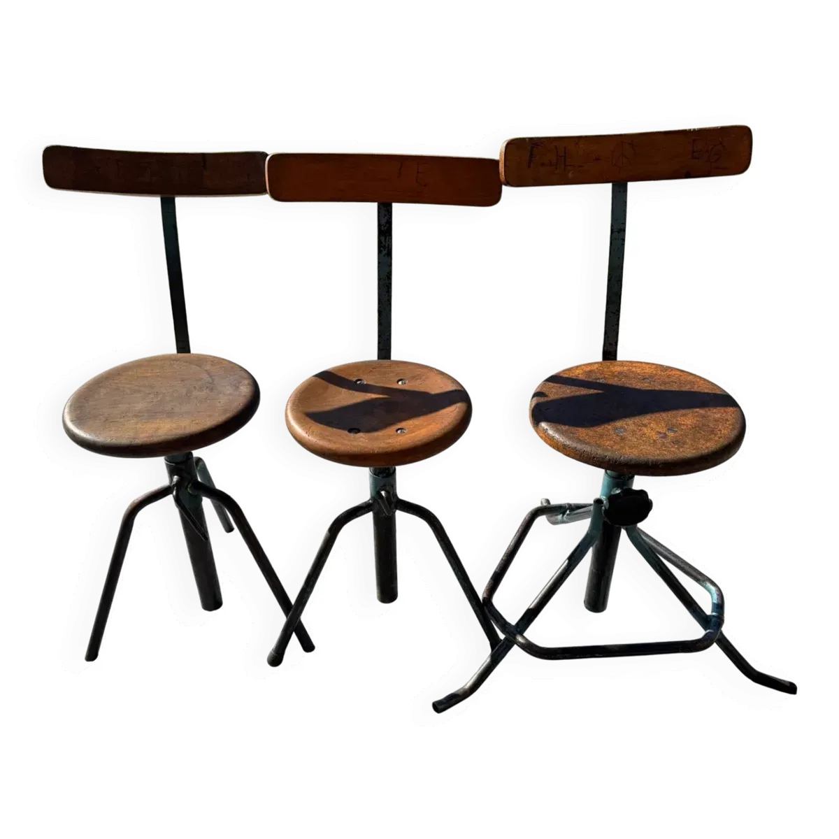 3 tabourets d'atelier industriels, années 50-60