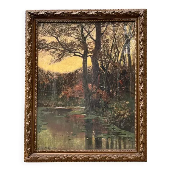 KOWALSKI Ivan, Pastel paysage rivière sous-bois signé début XXème