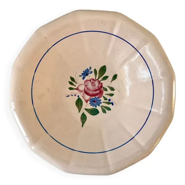 Plat creux digoin sarreguemines beige à fleurs roses et bleues années 40