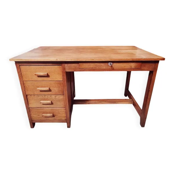 Bureau d'esprit maître d'école en bois massif à caisson - 1950