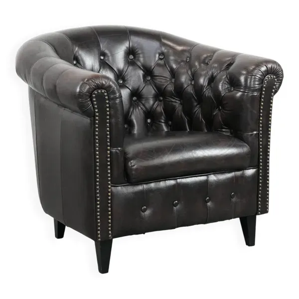 Fauteuil club Chesterfield en cuir de vachette noir de style anglais