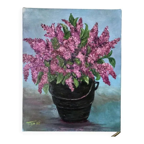 Tableau huile sur toile bouquet de fleurs lilas vintage signée