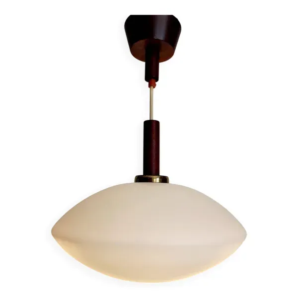 Lampe à suspension vintage en glaçure opaline, Scandinavische stijl, teck, jaren 60