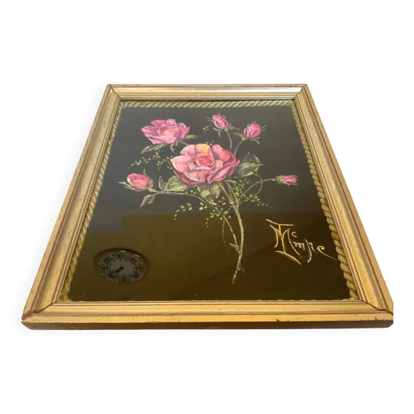 Tableau bouquet de fleurs peint sur velours signée