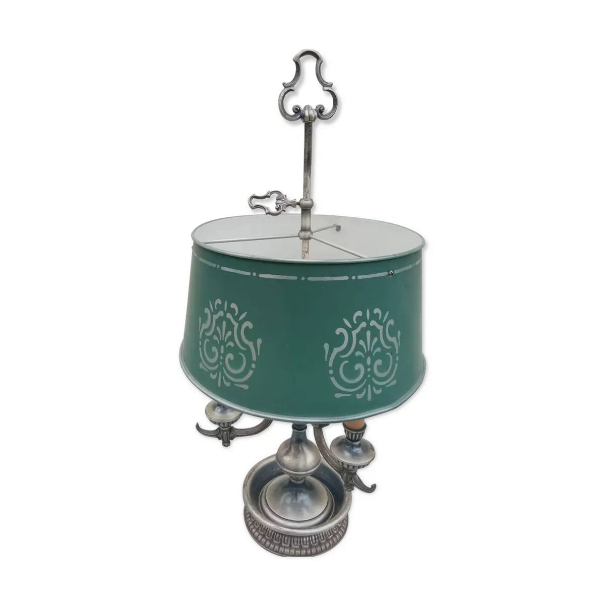 Lampe bouillotte 3 lumières métal argenté vieilli abat jour tôle ( 74cm )