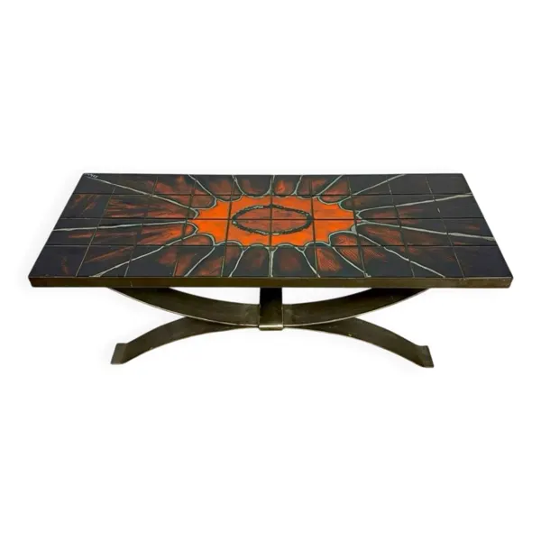 Table basse Ferlor International acier brossé et céramique années 70
