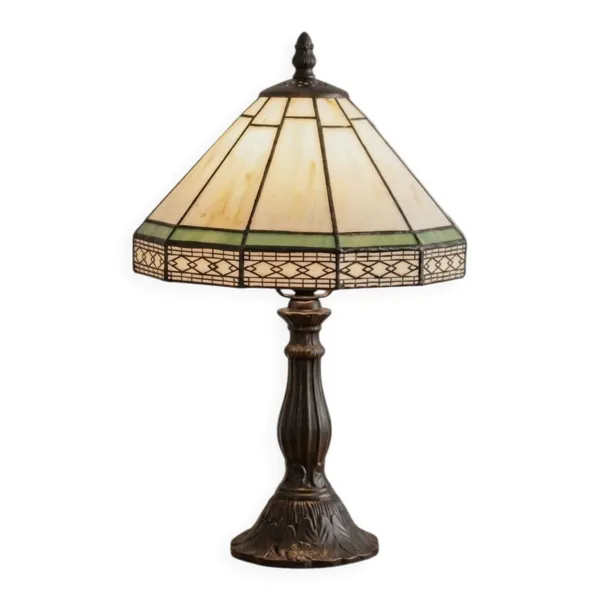 Lampe vitrail style Tiffany vert et blanc ambré inspiration vintage
