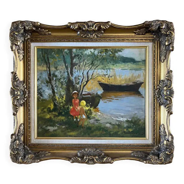 Tableau HST Post impressionniste en cadré signé Poretskov ''Fillettes au bord du lac