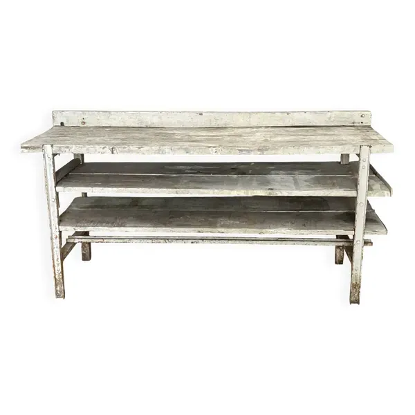 Ancien établi, meuble de métier en bois et métal