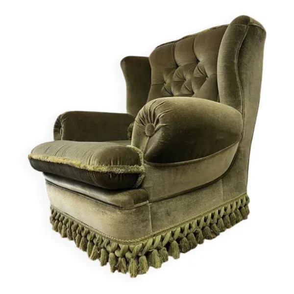 Fauteuil club vintage vert à franges