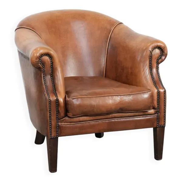 Fauteuil en cuir de mouton avec de belles couleurs et un siège confortable.