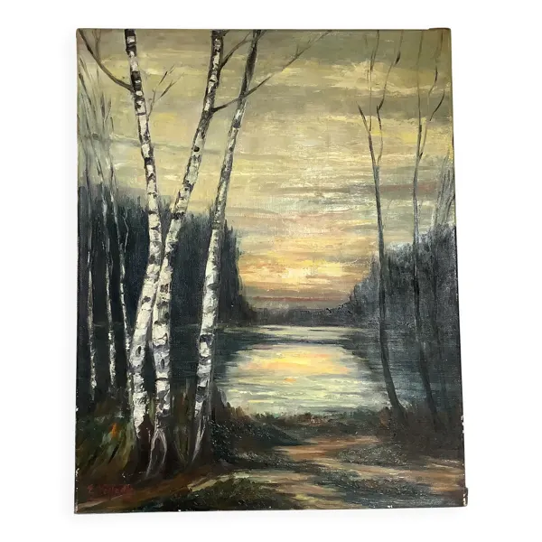 Tableau coucher de soleil huile sur toile signée