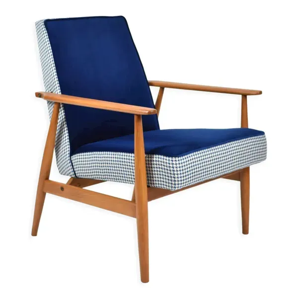 Fauteuil original ''Fox'', restauré, designer H.Lis, années 1970, bleu pied de poule.