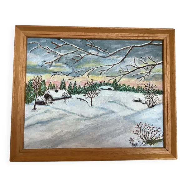 Tableau paysage d’hiver sous la neige huile sur toile signée