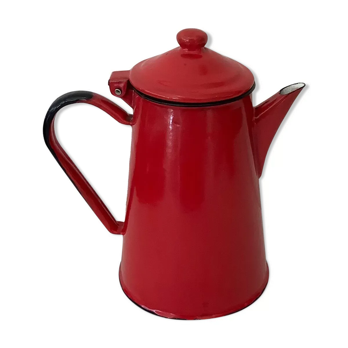 Cafetière vintage 1950 en tôle émaillée rouge