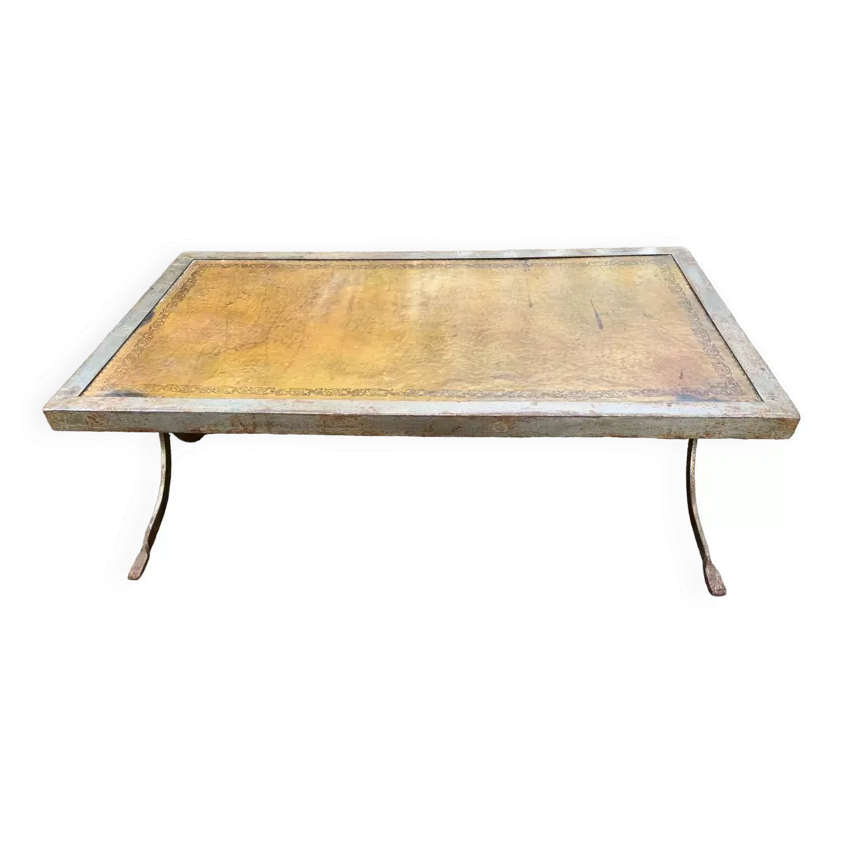 Table basse industrielle en fer forgé argenté et cuir année 70