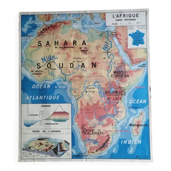 Carte scolaire vintage mdi: Afrique-Europe physique.
