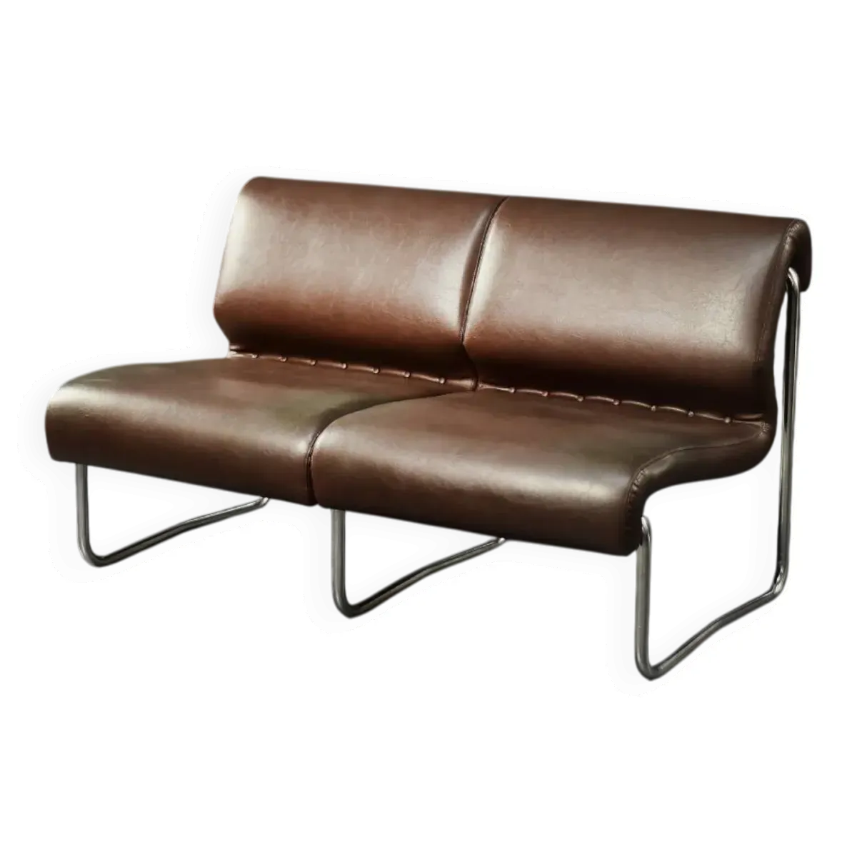 Canapé 2 places en acier et simili-cuir marron, Allemagne 1970