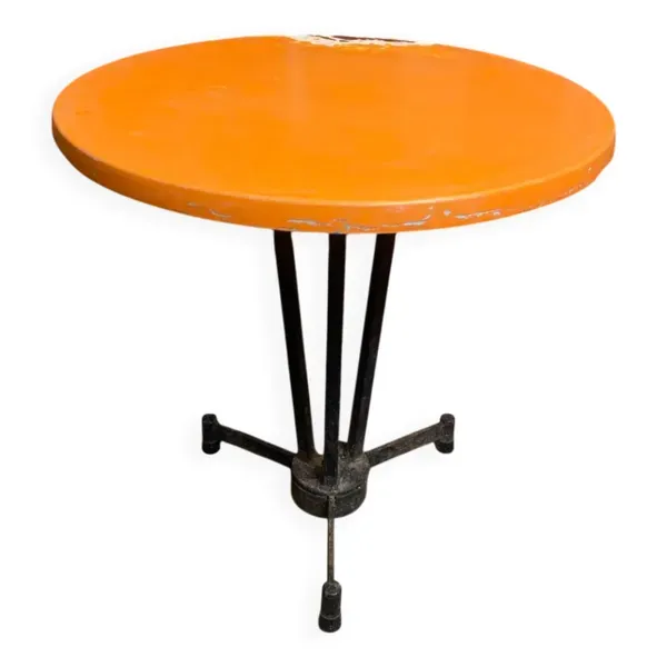 Table bistrot ancienne pied fonte noir + plateau bakélite orange 50’s