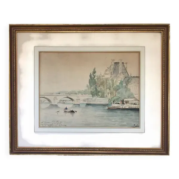 Émile RAISSIGUIER 1851-1932.La Seine au Pont Neuf,1884.Aquarelle