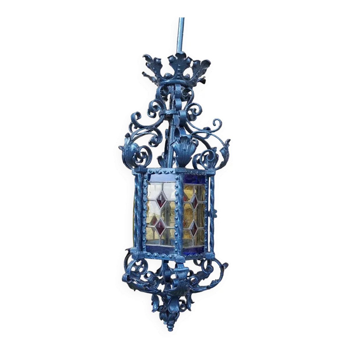 Grande lanterne antique en fer forgé avec vitraux