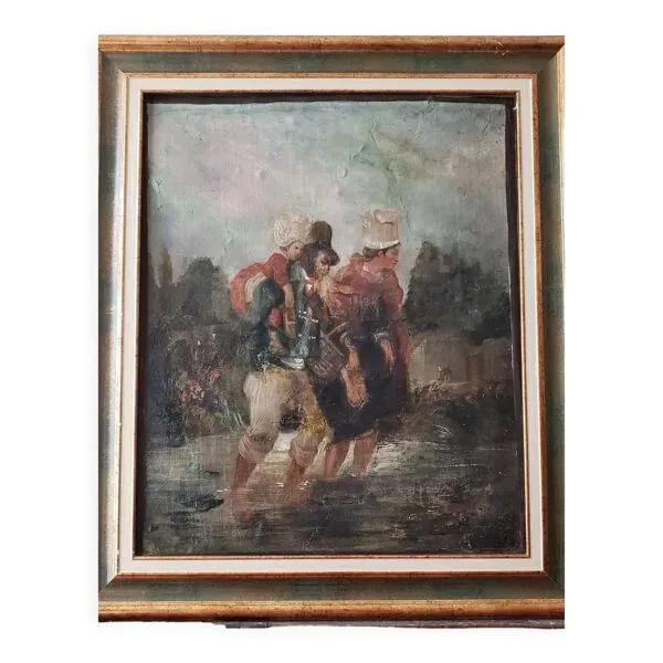 Huile sur toile ''Le Gué'' Ecole XIXème