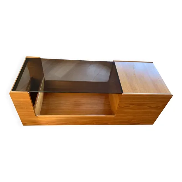 Table basse bar danoise en teck massif et verre fumé, années 50-60