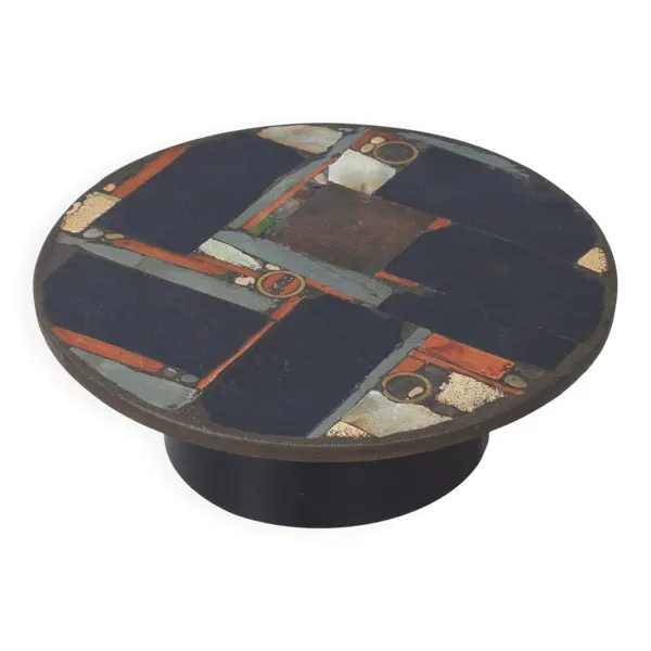 Table basse ronde par Paul Kingma dans des teintes terreuses, marquée Kingma 1978, Ø99 cm