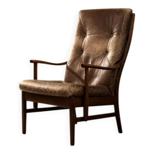 Fauteuil haut vintage en hêtre et cuir danois du milieu du siècle de Farstrup Møbler