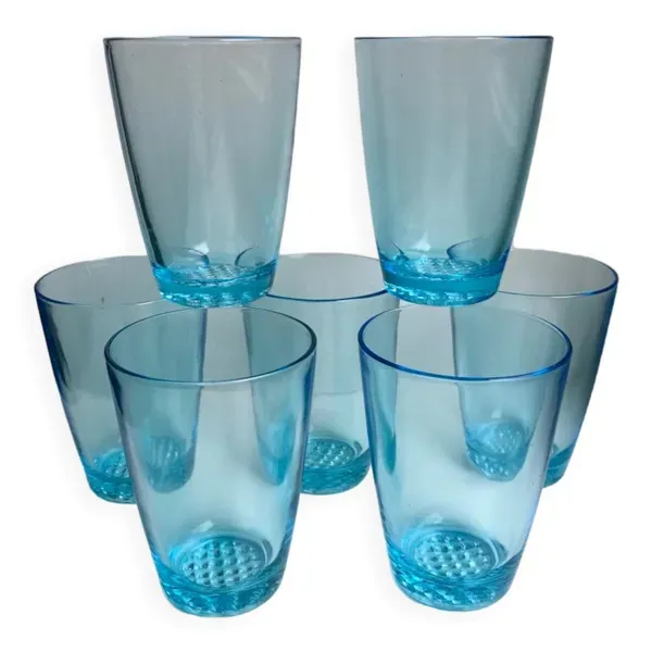 Lot de 7 verres à eau made in france en verre bleu années 70