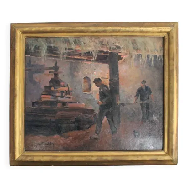 Huile sur isorel ''Deux ouvrier à la presse'' peinture post-impressionniste