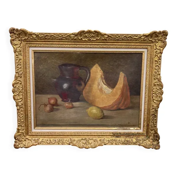 École Française, Nature morte à la Courge et au broc, Huile sur toile encad