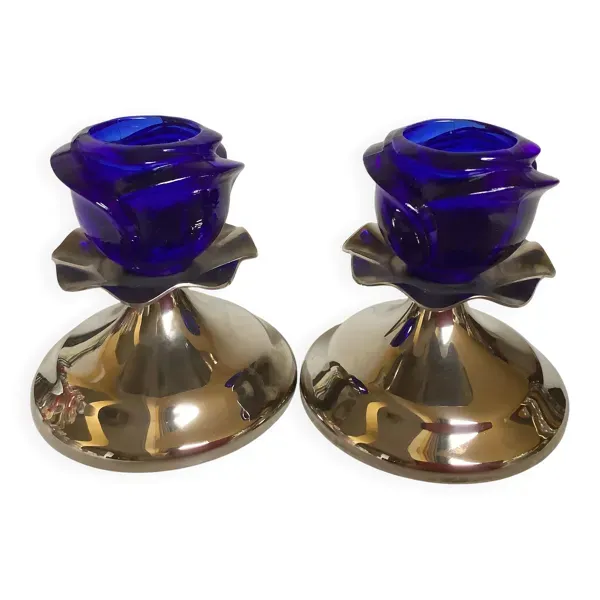 Paire de bougeoirs bleu cobalt pied tulipe