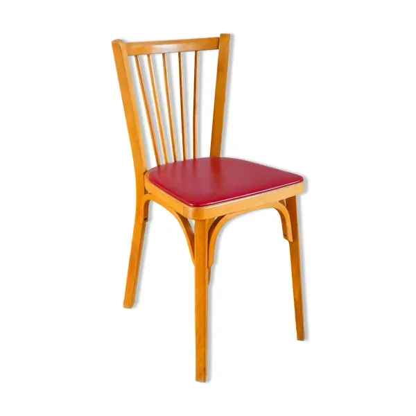 Chaise bistrot Baumann en chêne blond et skaï rouge, 1950