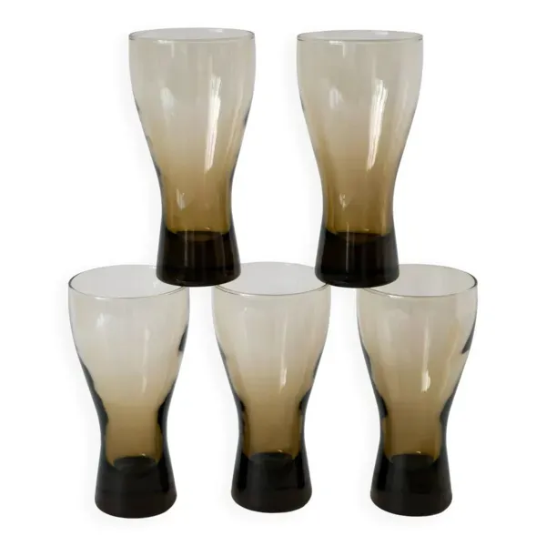 Lot de 5 grands verres Long Drink en verre fumé Design, 1970