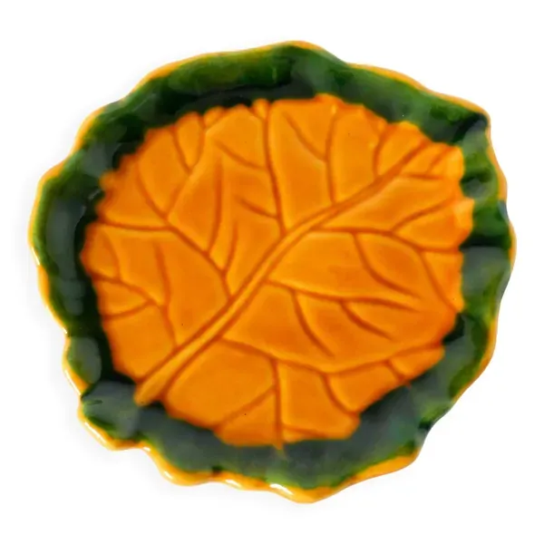 Vide-poche en barbotine feuille jaune et vert, 1970