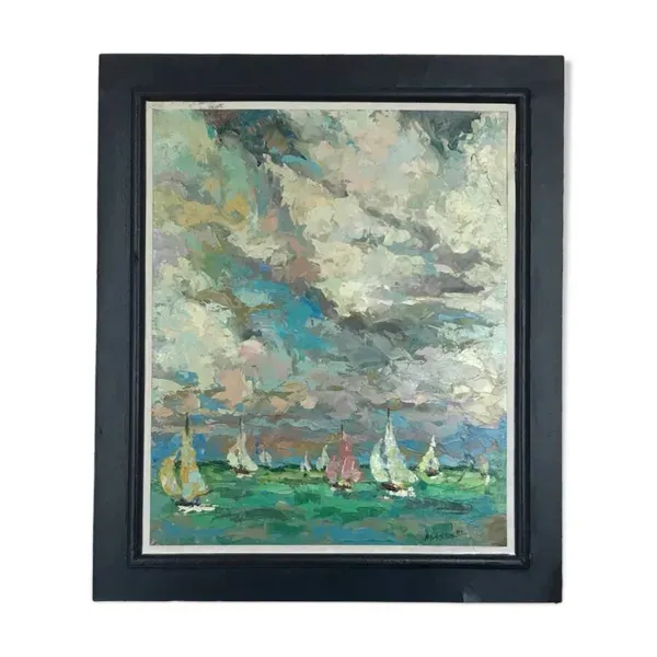 École française du XXe.Les régates.Huile sur carton.