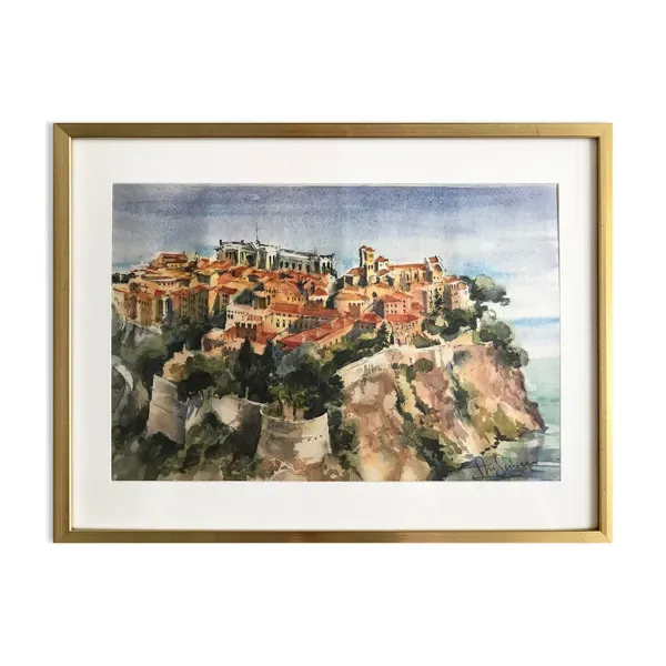 Lithographie Monaco le Palais signée Jean-Marie Simon XXème