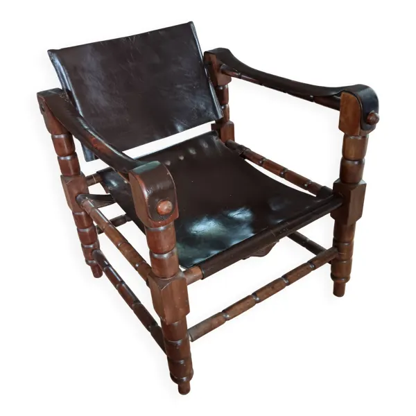 Fauteuil iranien vintage bois & cuir – style Safari – années 60/70
