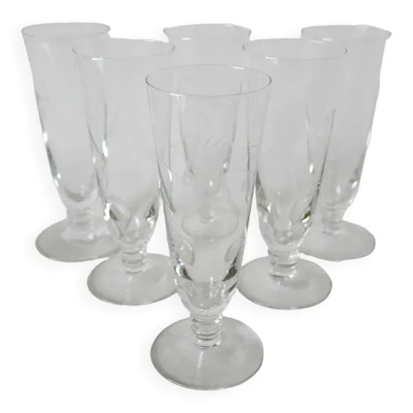 Lot de 6 flûtes à champagne gravées 1960
