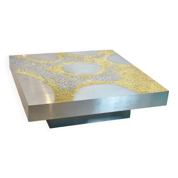 Table basse en acier inoxydable et laiton par Jean Claude Dresse
